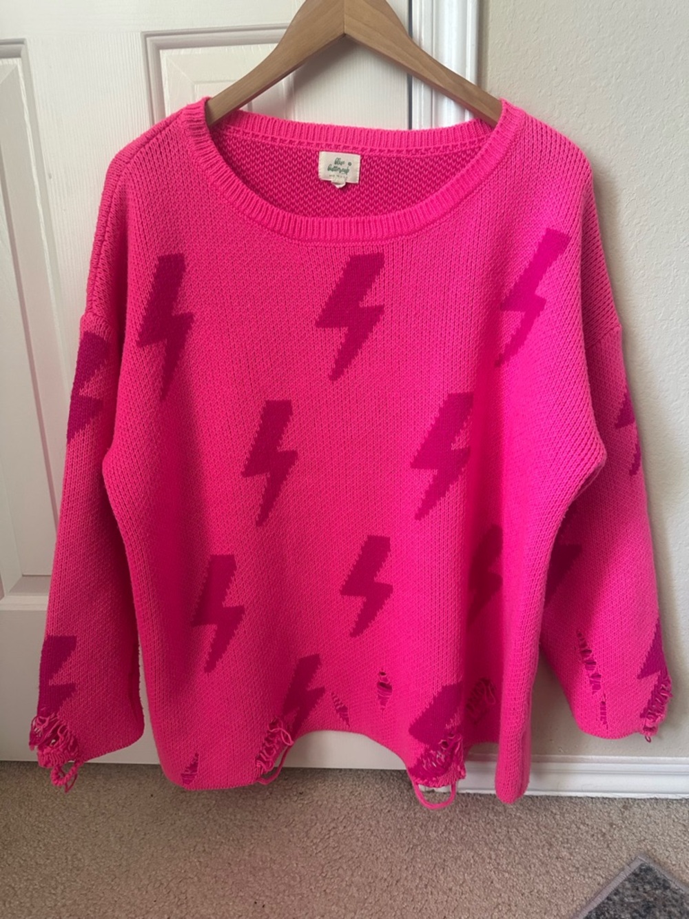 Blue Buttercup Hot Pink Lightning Bolt Electric Knit Skater Distressed Sweater